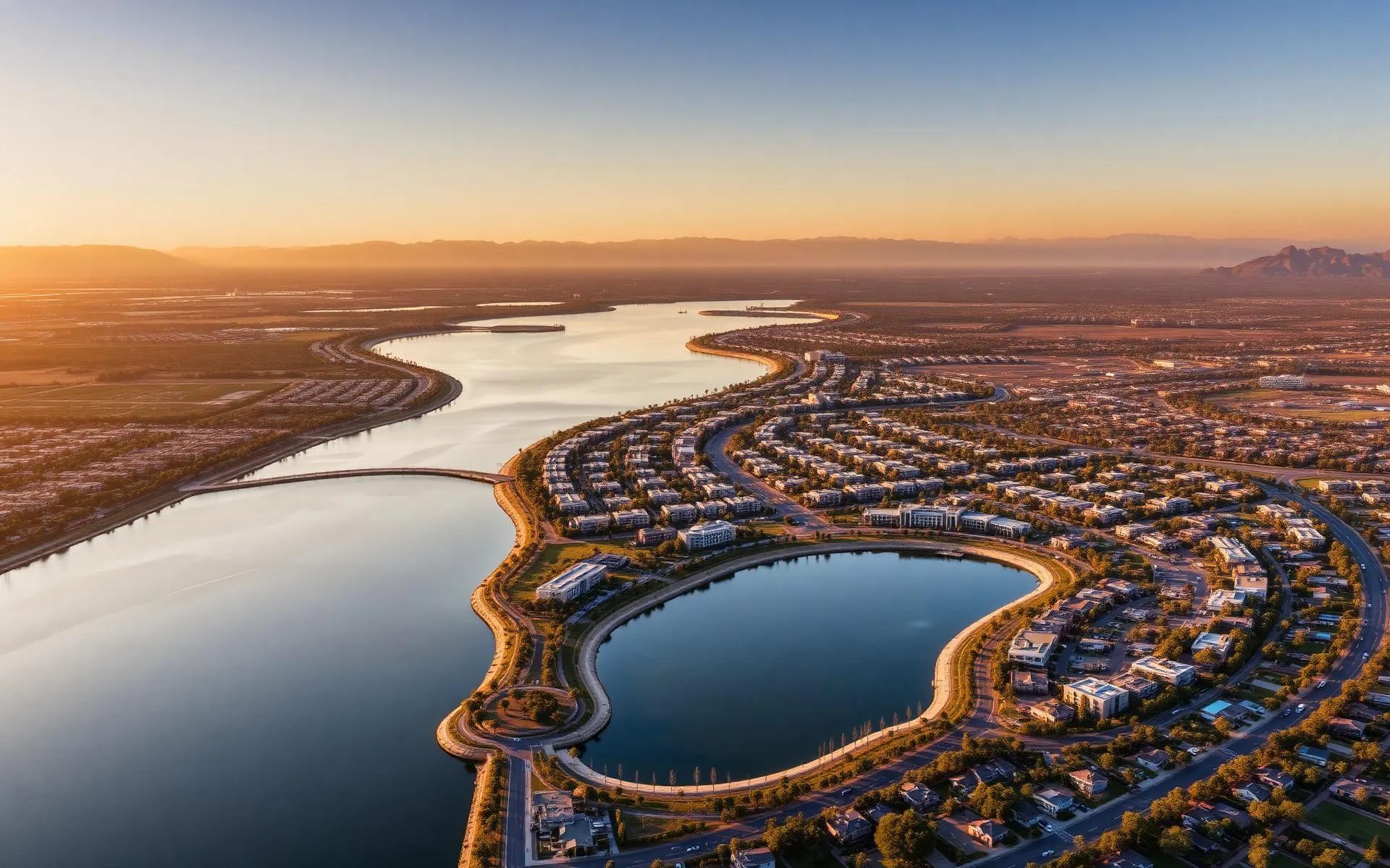 Aerial view of DHA Gandhara Lake District at golden hour